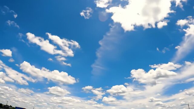 Smooth pan across expansive vibrant blue sky with fluffy white cumulus and cirrus clouds, bathed in golden sunlight. Concept of boundless optimism, future growth