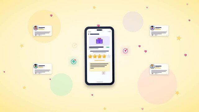 Customer feedback and rating system on smartphone screen with star reviews and positive comments