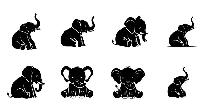Set of cute baby elephant silhouettes sitting in different poses