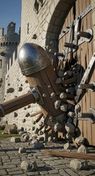 Wooden battering ram breaking through castle wall