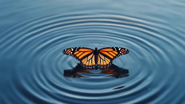 Monarch butterfly gently creating ripples on a serene blue water surface, a calm nature scene.