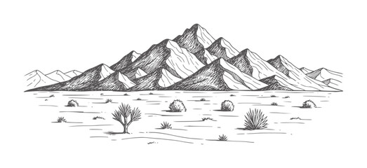 Hand drawn desert landscape with jagged mountains and sparse vegetation nature vintage © Ali