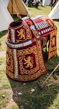 Ornate Medieval Horse Armor With Gold Lion Embellishments