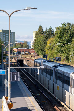 Urban transit and transport infrastructure at oslo station as commuter train aligns with platform and tracks in a clear modern scene