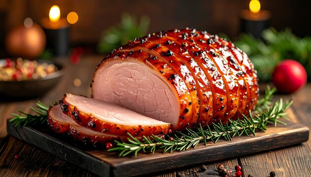 Glazed ham on a wooden board with rosemary and spices