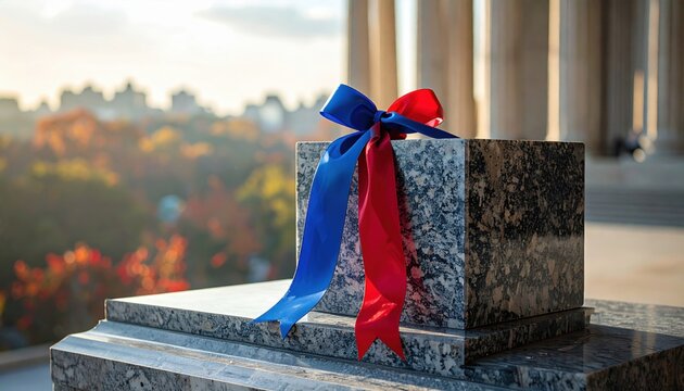 Red and Blue Ceremonial Ribbon Tied on Marble Monument Outdoors With Autumnal Trees in Background
