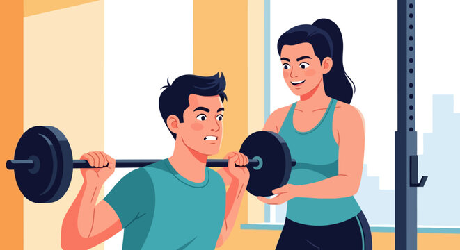 Man and woman exercising with weights in gym.