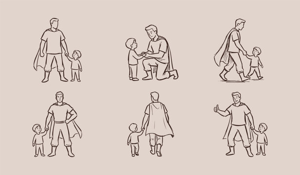 simple rough sketch Heroic father and son bond illustrations showing various poses