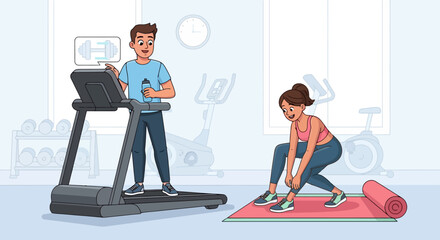 Fototapeta premium Man on Treadmill and Woman Stretching on Mat.