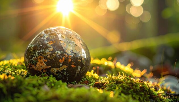 Rough-hewn natural stone paperweight resting on vibrant green moss illuminated by warm sunlight