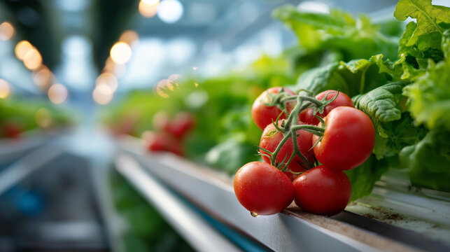 Rows of fresh vegetables growing in a high tech greenhouse with hanging grow lamps and irrigation, vegetable production, greenhouse, food technology, hanging lamps, agriculture, vertical