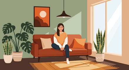 Fototapeta premium Young woman sitting on a couch in a living room.