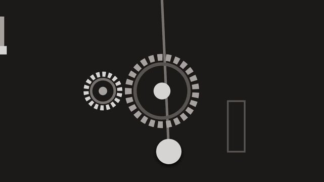 Minimal abstract animation of a clock mechanism with rotating gears and moving pendulum elements on a dark background. Ideal for time concepts, countdowns, technology, and motion graphics.