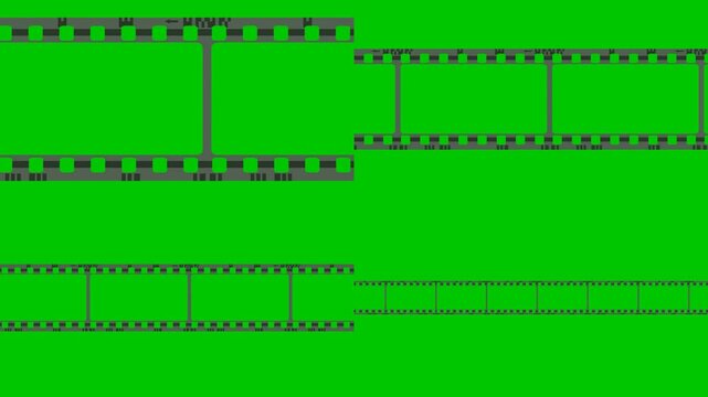 Four distinct animated film negative strips scrolling at various scales on a vibrant green screen background, perfect for multi-frame compositions, motion graphics, and creative video editing.