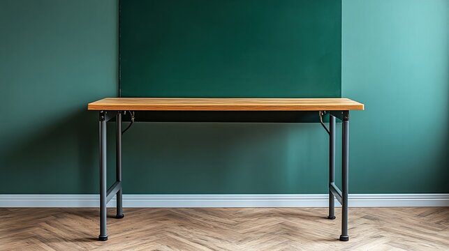 Empty school desk in a classroom setting with a green blackboard in the background, ideal for educational themes.