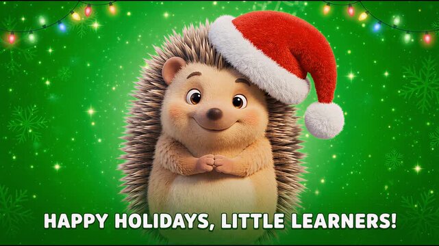Cute Animated 3D Hedgehog Character Wearing Red Santa Hat Winking Playfully on Green Screen, perfect for festive holiday promotions.