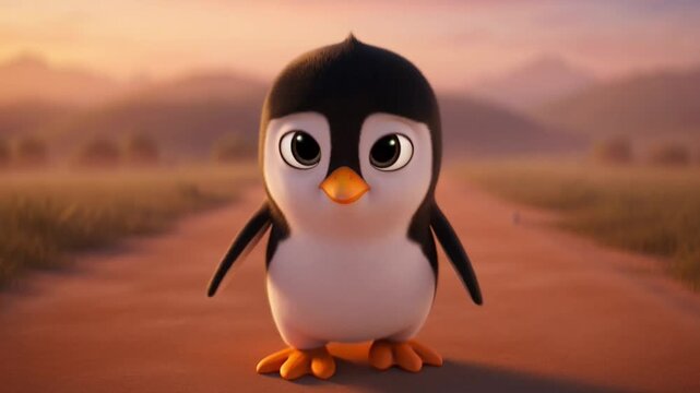 Cartoon penguin standing on road in sunset landscape