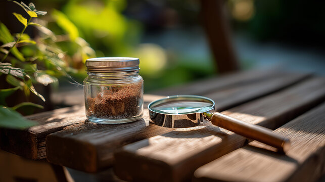 A small soil sample in a glass jar beside a magnifying glass on a wooden bench under sunlight, soil sample, glass jar, magnifying glass, environmental study, science, ecology, soil analysis,