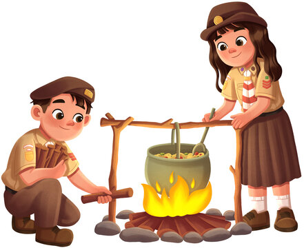 Indonesian Pramuka Scouts Cooking Over Campfire Illustration