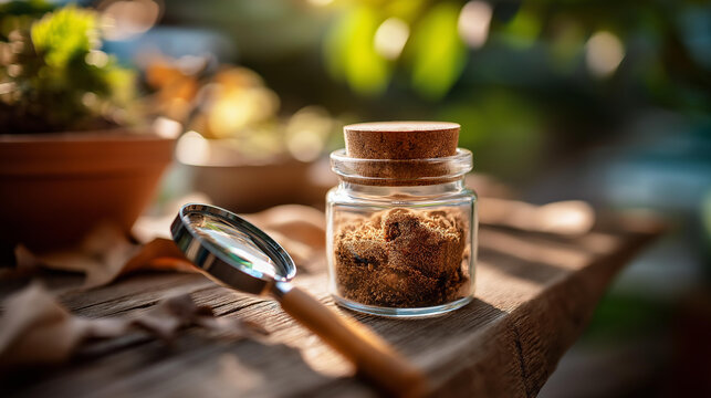 A small soil sample in a glass jar beside a magnifying glass on a wooden bench under sunlight, soil sample, glass jar, magnifying glass, environmental study, science, ecology, soil analysis,