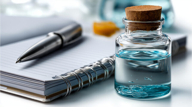 A glass vial of well water placed on a clean lab bench beside a notebook and pen for impurity analysis, well water, vial, lab bench, water analysis, environmental study, science, professional,