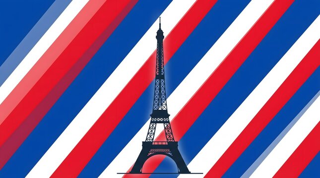 Eiffel Tower silhouette on abstract diagonal French flag tricolor stripes background for Bastille Day celebration