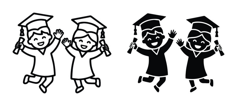 two sets of graduation cap and gown silhouettes in black and white