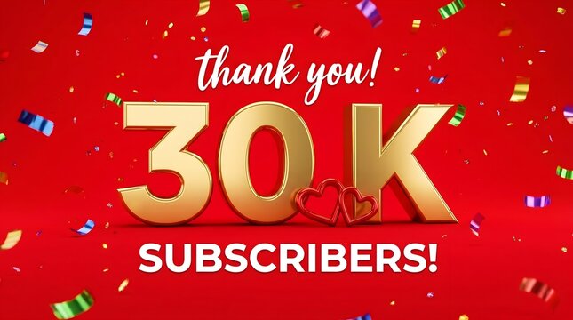 A vibrant red graphic celebrates 30k subscribers with gold text and colorful confetti. Text reads: thank you! 30K SUBSCRIBERS!
