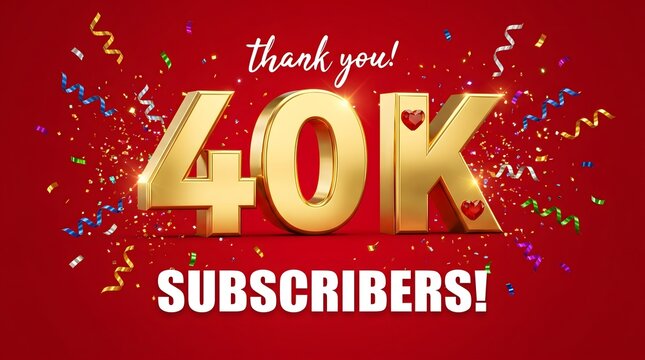 A vibrant red graphic celebrates 40k subscribers with gold text and colorful confetti. Text reads: thank you! 40K SUBSCRIBERS!
