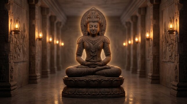 Golden buddha statue sits in a peaceful meditative lotus position inside an ancient temple hall glowing with soft warm light