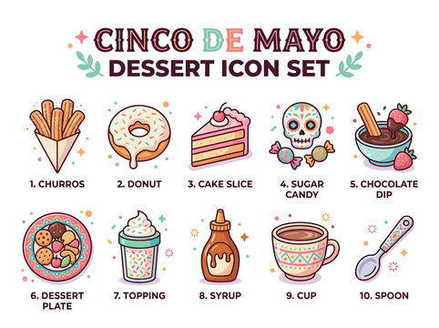 Festive Cinco de Mayo Dessert Icon Set Featuring Churros, Donuts, and Sweet Treats