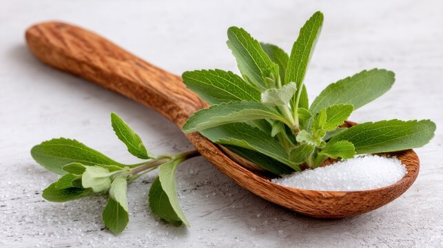 Wooden spoon holding fresh stevia leaves and powdered stevia