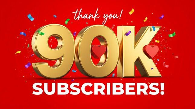 A vibrant red graphic celebrates 90k subscribers with gold text and colorful confetti. Text reads: thank you! 90K SUBSCRIBERS!
