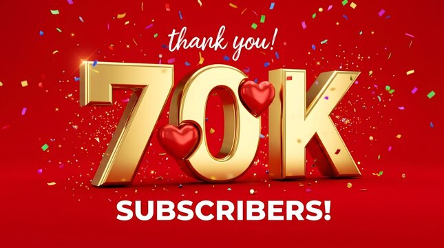 A vibrant red graphic celebrates 70k subscribers with gold text and colorful confetti. Text reads: thank you! 70K SUBSCRIBERS!
