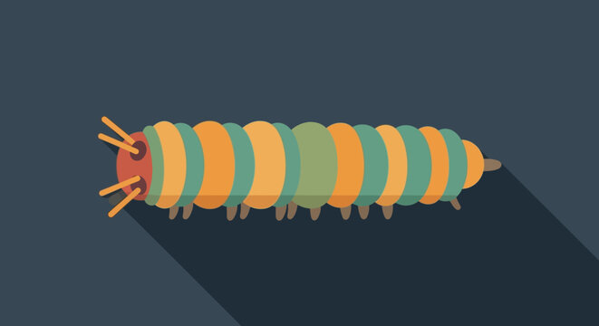 Colorful Caterpillar Insect Illustration, Flat Design, Long Shadow, Dark Background
