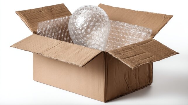 Cardboard box with bubble wrap and a clear sphere inside