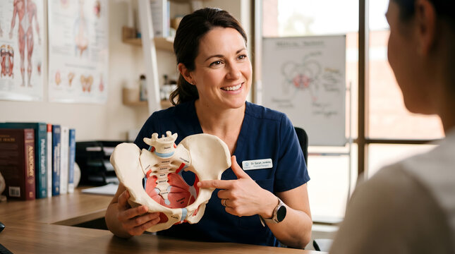 Healthcare professional explaining pelvic anatomy with a model, offering patient education and personalized wellness guidance