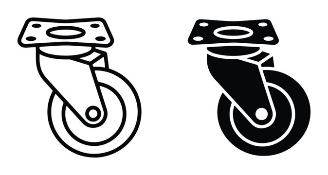 black and white vector illustration of two caster wheels on flat surface with mounting plate