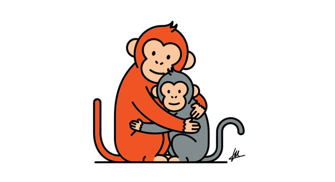 Cartoon monkey parent hugging baby monkey illustration