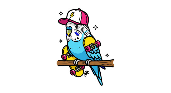 Cartoon parakeet with skateboard and cap perched on a branch