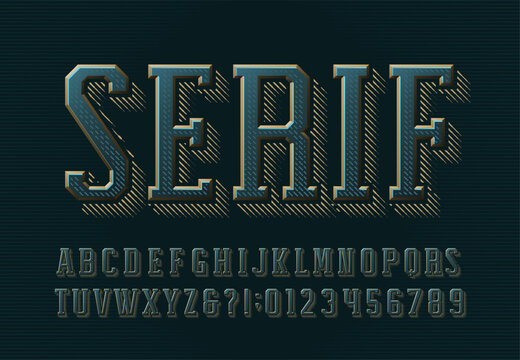 Distressed serif alphabet font. Worn scratched letters and numbers on a textured bright background. Vintage vector typescript for posters, flyers, labels, and old signage.