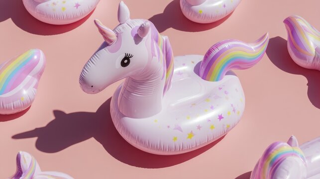 Pink unicorn pool floats with rainbow manes and tails on light pink background