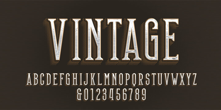 Vintage scratched alphabet font. Distressed letters and numbers on a dark background. Retro vector typeface for labels, headlines, posters, and hipster typography design.