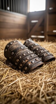 Weathered Leather Bracers with Metal Studs Resting on Hay