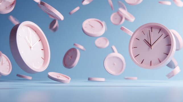 Light pink clocks float in space, above a similar-colored surface. A pastel surreal scene with a bright, clear, sky-blue backdrop