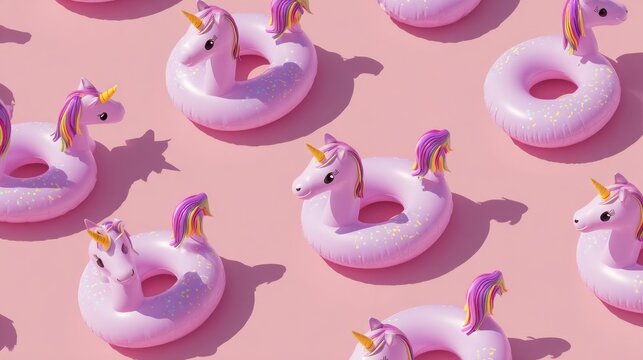 Pink background filled with a pattern of several unicorn pool floats