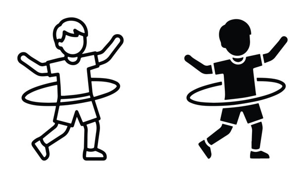 two children playing with hula hoops in black and white outline style
