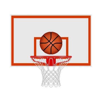 Realistic basketball hoop with a backboard and an orange ball flying towards the net front view vector 3d mockup, isolated on a white background for sports equipment catalog and game poster.