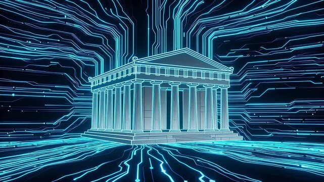 Neon glowing ancient temple with circuit patterns