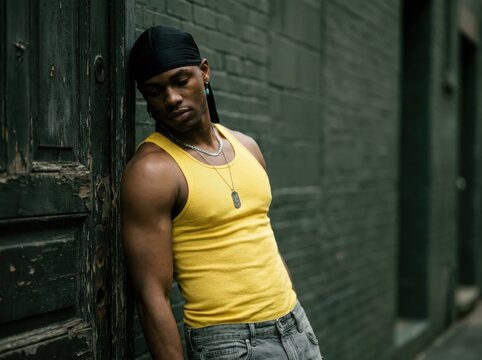 Confident young man in yellow tank top leaning against urban wall with street style attitude